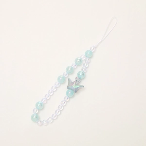 Blue and pearlescent beaded phone strap with crown pendant for wrist security