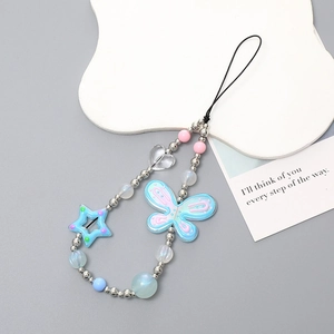 Handmade beaded phone strap with blue butterfly and star charms in macabre macaron colors