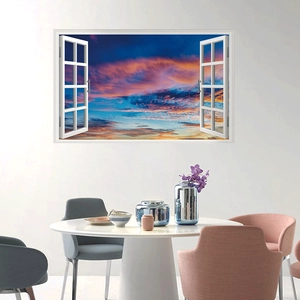 3D fake window wall sticker featuring a sunset cloud sea landscape for dining room decor