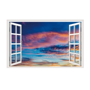 3D realistic fake window wall sticker featuring a sunset over clouds with a white frame
