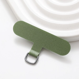 Detail of army green nylon phone tether tab with durable gunmetal D-ring for lanyards