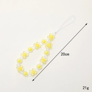 Handmade beaded phone strap with yellow flower resin beads and transparent round charms