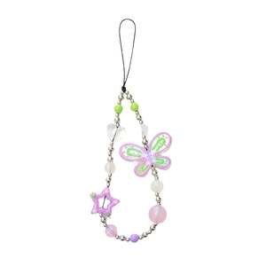 Dragonne de téléphone en perles avec papillon violet, étoile et perles colorées