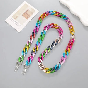 Nahaufnahme einer bunten Acryl-Taschenkette mit silbernen Karabinerverschlüssen für Taschen