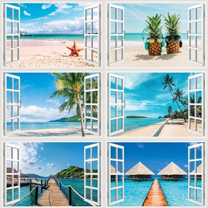 3D fake window wall stickers with tropical beach, palm trees, and ocean views for home decor