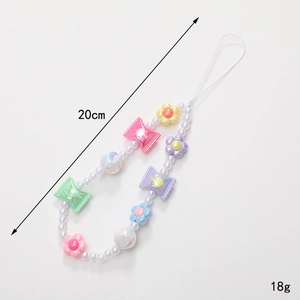 Dragonne de téléphone perlée à fleurs colorées aux tons bonbon et perles nacrées 20cm