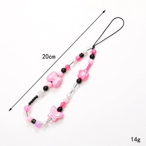 Handgefertigte Y2K Handy-Perlenkette in Rosa mit Schleife und Blumenanhängern, 20cm