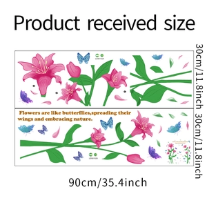 Detail view showing floral wall decals with pink lilies and blue butterflies 30x90cm dimensions