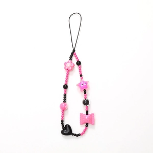 Handmade black and pink beaded phone strap with sweet flower and star charms