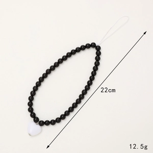 Bijou de téléphone 22cm en perles noires avec pendentif cœur blanc pour femme, 12,5g