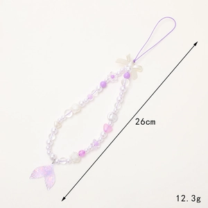 Beaded purple and white scallop pearl phone strap with 26cm length and fish tail charm