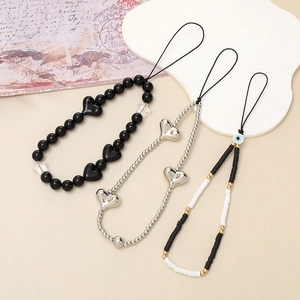 Handmade Beaded Heart Phone Charm Strap For Women Acrylic Alloy Polymer Clay Evil Eye Star Beaded Phone Case Hanging Lanyard