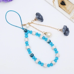 Bijou de téléphone en perles de cristal bleu avec fleurs en tissu et strass brillants