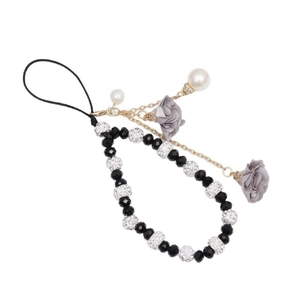 Dragonne de téléphone en perles de cristal avec boules strass et fleurs en tissu gris