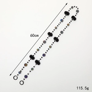 Colorful floral beaded shoulder strap for phone cases with black pom-poms 60cm length