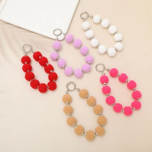Plush ball phone strap chain in five colors with metal clasp for accessories