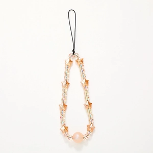 Kristall-Handykette mit goldenen Sternen und rosa Perlen auf weißem Hintergrund
