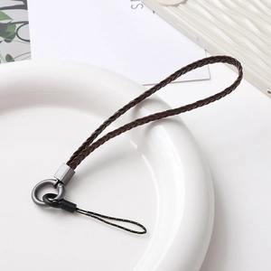Dragonne en cuir tressé marron foncé avec anneau en métal pour coque de téléphone