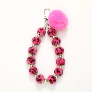Pink leopard print plush bead phone strap with fluffy pompom and silver metal clasp
