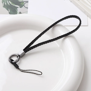 Lanière de poignet pour téléphone en cuir tressé noir avec anneau en métal anthracite