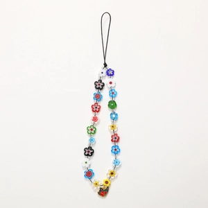 Handmade beaded flower phone charm with colorful glass beads and butterfly pendant