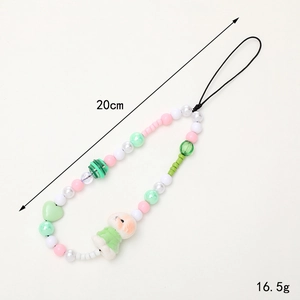 Pastel beaded phone strap with cute flocked rabbit doll, 20cm length and 16.5g weight