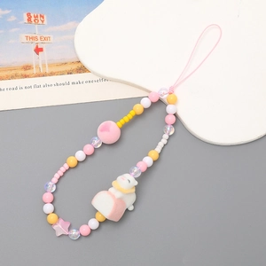 Cute beaded phone strap with white cat doll, pink peach charm and colorful beads