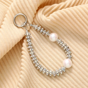 Elegant beaded phone charm with crystal rhinstone spacers and large white pearls