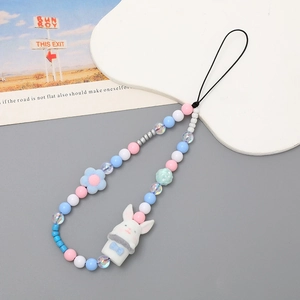 Cute white bunny beaded phone charm with blue plush flower and pastel color beads