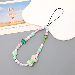 Cute beaded phone wrist strap with white rabbit figurine and pastel heart beads