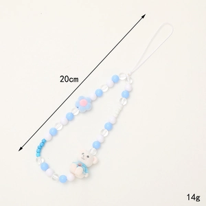 Cute blue and white beaded phone wrist strap with bear charm, 20cm long and 14g weight