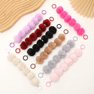 Sweet Plush Pompom Beaded Phone Charm Wristband Bag Pendant Strap With Artificial Pearl Alloy Chain For Women Decorative Accessories