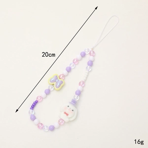 Cute 20cm beaded phone charm strap with cartoon bunny and purple bow detail