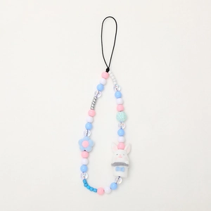 Cute beaded phone lanyard with blue plush flower and white bunny doll in macaron colors