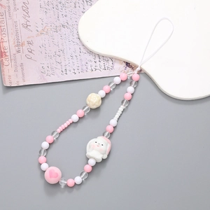 Handmade beaded phone strap with pink frosted beads and cute white rabbit charm