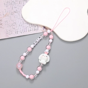 Beaded wrist strap with pink crown rabbit charm and KING letter beads for phone