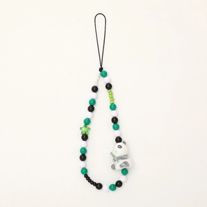 Cute panda beaded phone strap with green star beads and plush panda holding bamboo charm