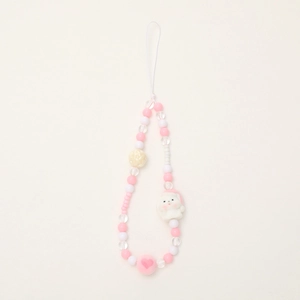 Cute pink and white beaded phone strap with 3D bunny and beige rose charms