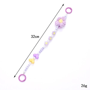 Colorful plush flower beaded phone strap with purple heart charms and spring clasp