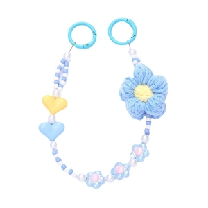 Blue and white handmade beaded phone charm with woven sun flower and heart beads