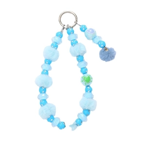 Colorful beaded phone strap with light blue plush balls and stylish heart bead design