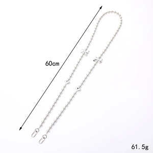 Silver bead phone strap with bow and heart charms, 60cm metal crossbody chain with clasps