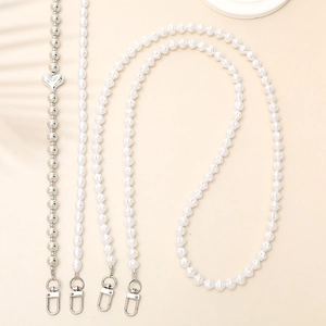 Fashion Beaded Crossbody Phone Lanyard Bag Strap With Heart Bow Floral Faux Artificial Pearl Silver Metallic Beads For Women Accessory