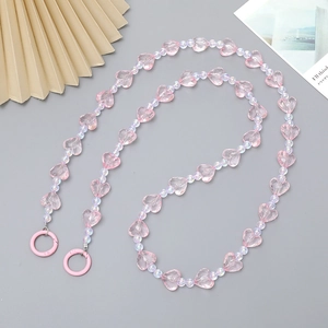 Pink acrylic heart beaded chain with iridescent accents and round clasps for bags