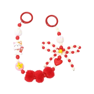 Porte-clés chat porte-bonheur perlé avec pompons rouges et nœud, bijou de sac mignon