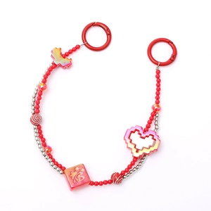 Traditional Chinese red beaded phone strap with lucky Fu character and cloud charms