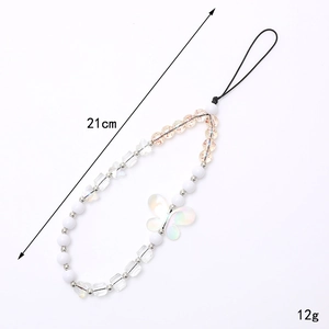 Handmade beaded phone strap with iridescent butterfly pendant and white beads, 21cm long
