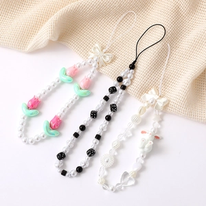 Catena per Cellulare in Perline Fatta a Mano Simpatico Coniglio Cordino in Perla Artificiale Tulipano Fiore Cuore Fiocco Portachiavi Charm per Donna Cinturino Anti-Caduta per Fotocamera