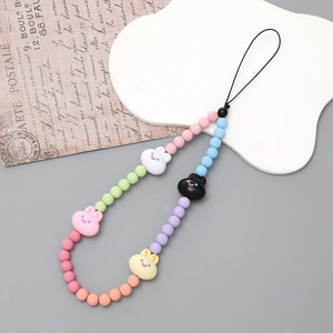 Colorful beaded phone lanyard with macaron beads and cute smiley bunny charms