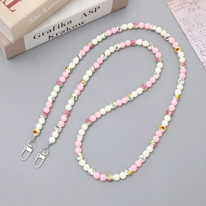 Catena a tracolla con perline floreali rosa e bianche per borse e cellulari